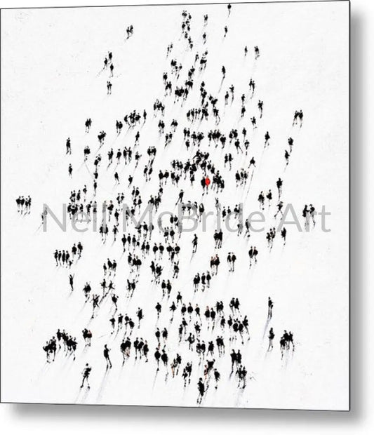 Alone in Crowd Metal Print | Person in red jacket 8’’ x 8’’ Metal Print