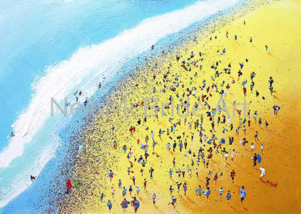 Blue and yellow Beach party art captured on an art print on paper.