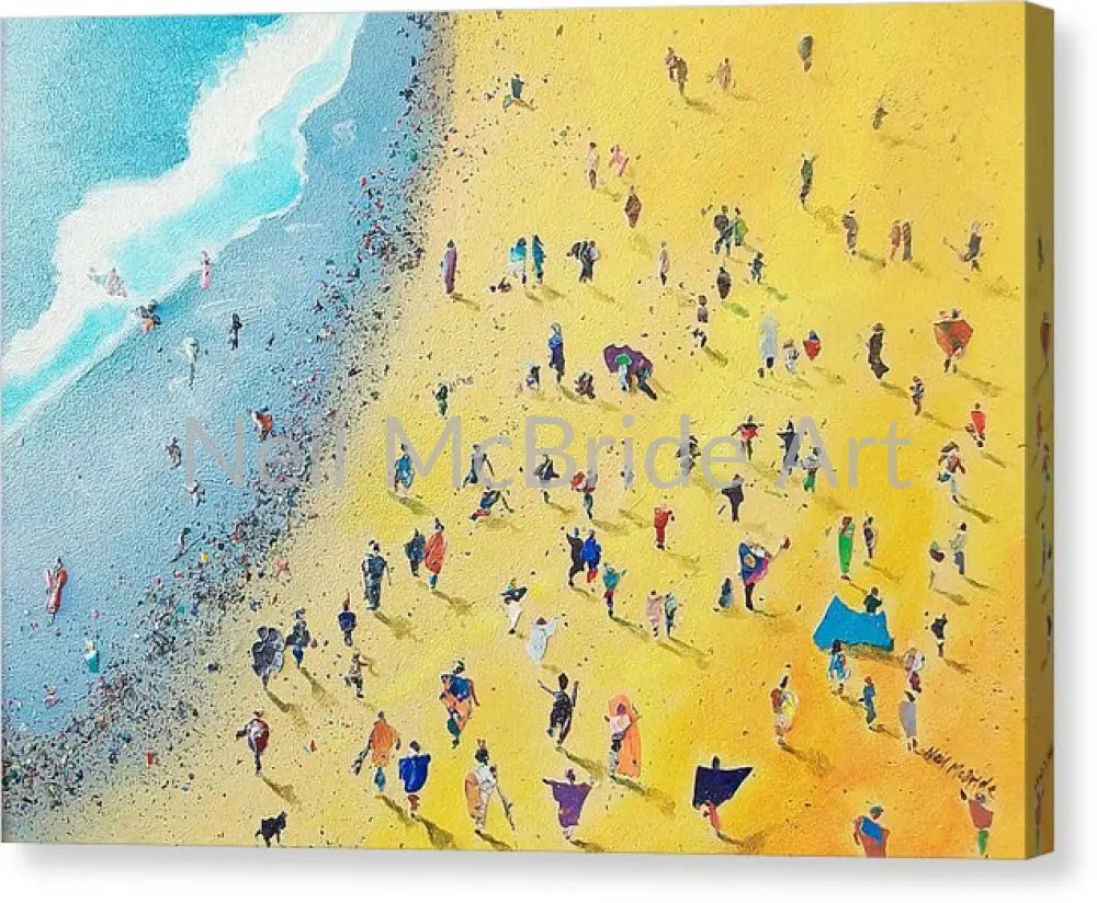 Beachcombing is a colourful, crowd filled, blue and yellow print on canvas delivered ready to hang. © Neil McBride 2023
