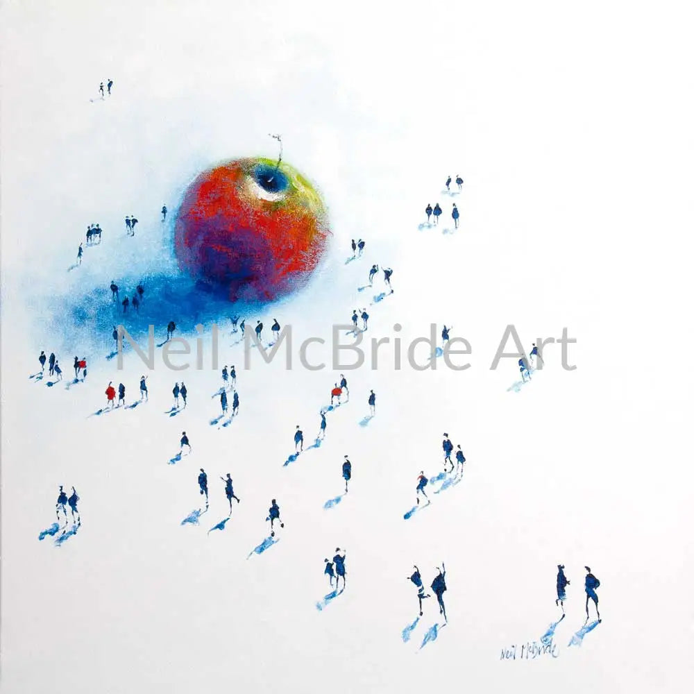 Big Apple art original painting with crowd and big apple. Obvious really. McBride Art