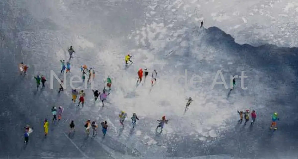 Detail of Break In The Weather art showing a group of hikers at the foot of a mountain. © Neil McBride 2023