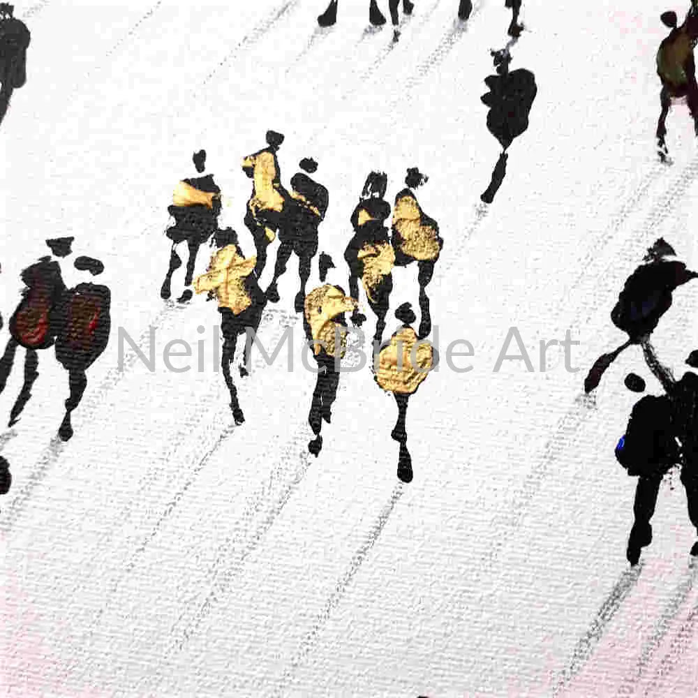 Detail of the Cliques original crowd art on canvas by Neil McBride.