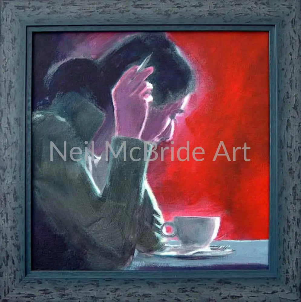 Coffee Break Crossword original painting of woman doing a crossword. © Neil McBride 2019