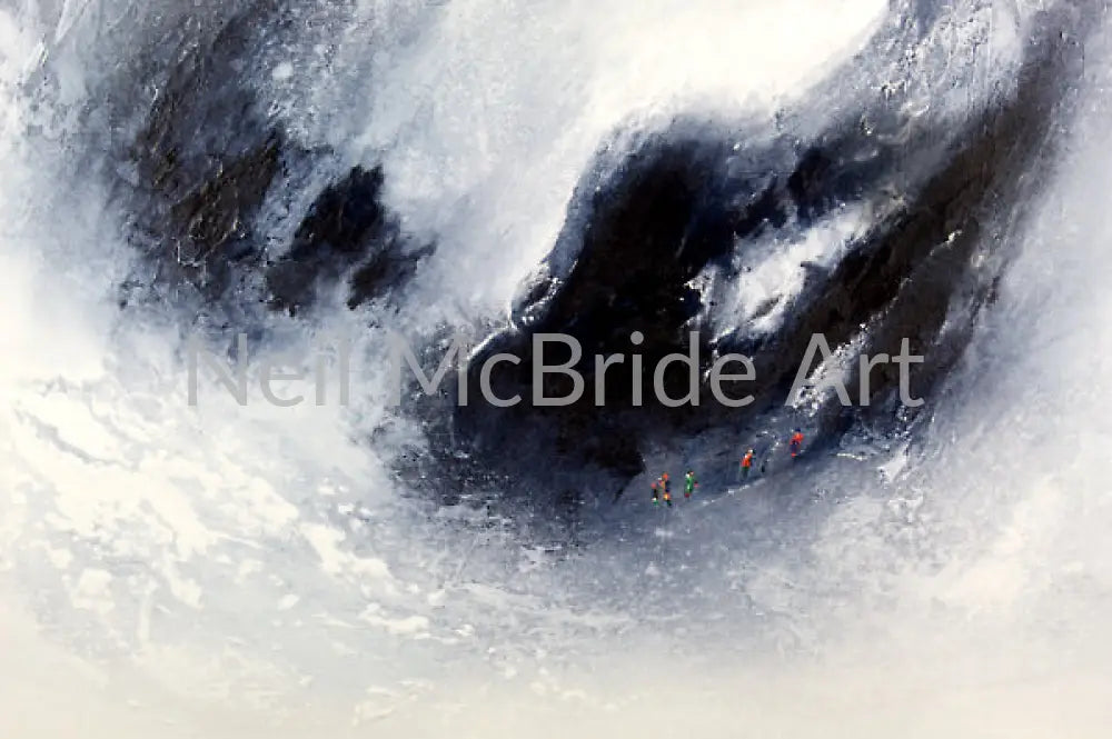 A closer look at Echo Valley black and white painting - original art near me and yet so far away. The painting features a small group of subtle coloured hikers in the foreground which helps to emphasise the scale of this immense landscape.