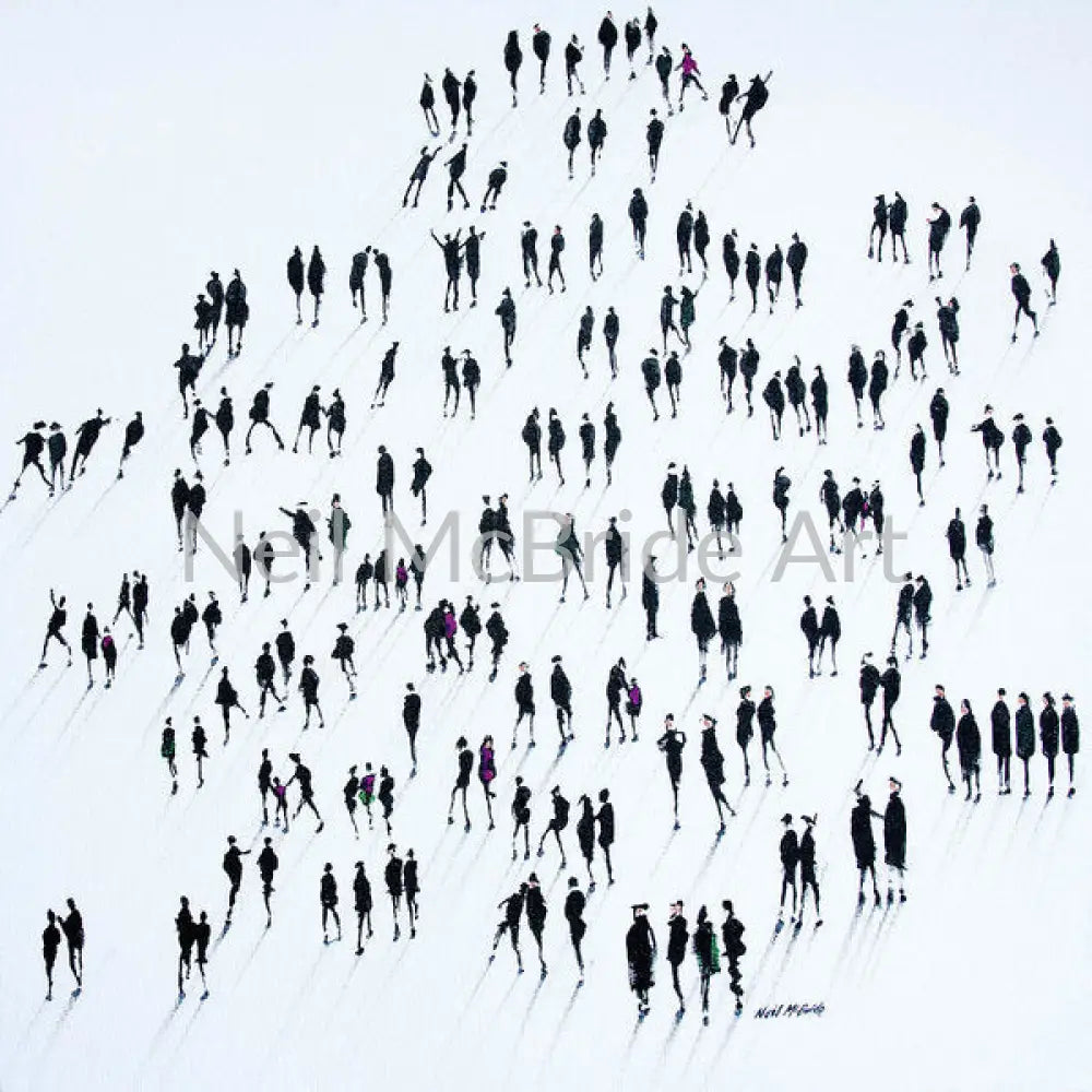 An art print on paper showing a crowd of people forming a queue. © Neil McBride 2020
