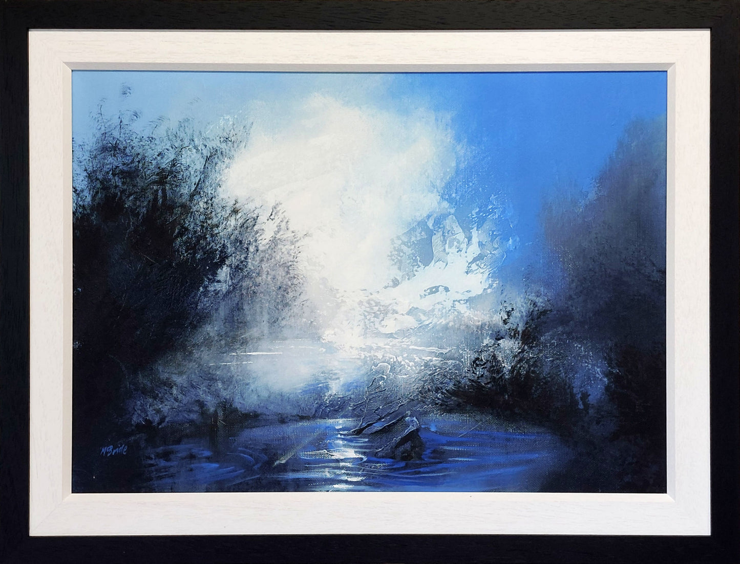 Blue Pond Landscape with dark trees and contrasting white clouds in blue sky. © Neil McBride 2026
