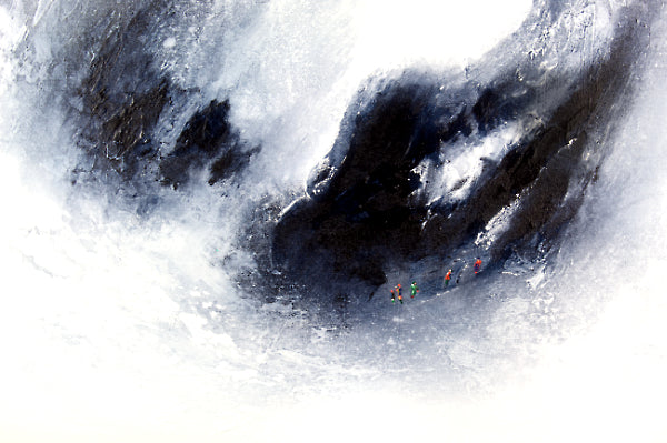 Detail of Echo Valley painting showing the distant group of people in colourful clothing at the foot of this epic and sublime landscape.