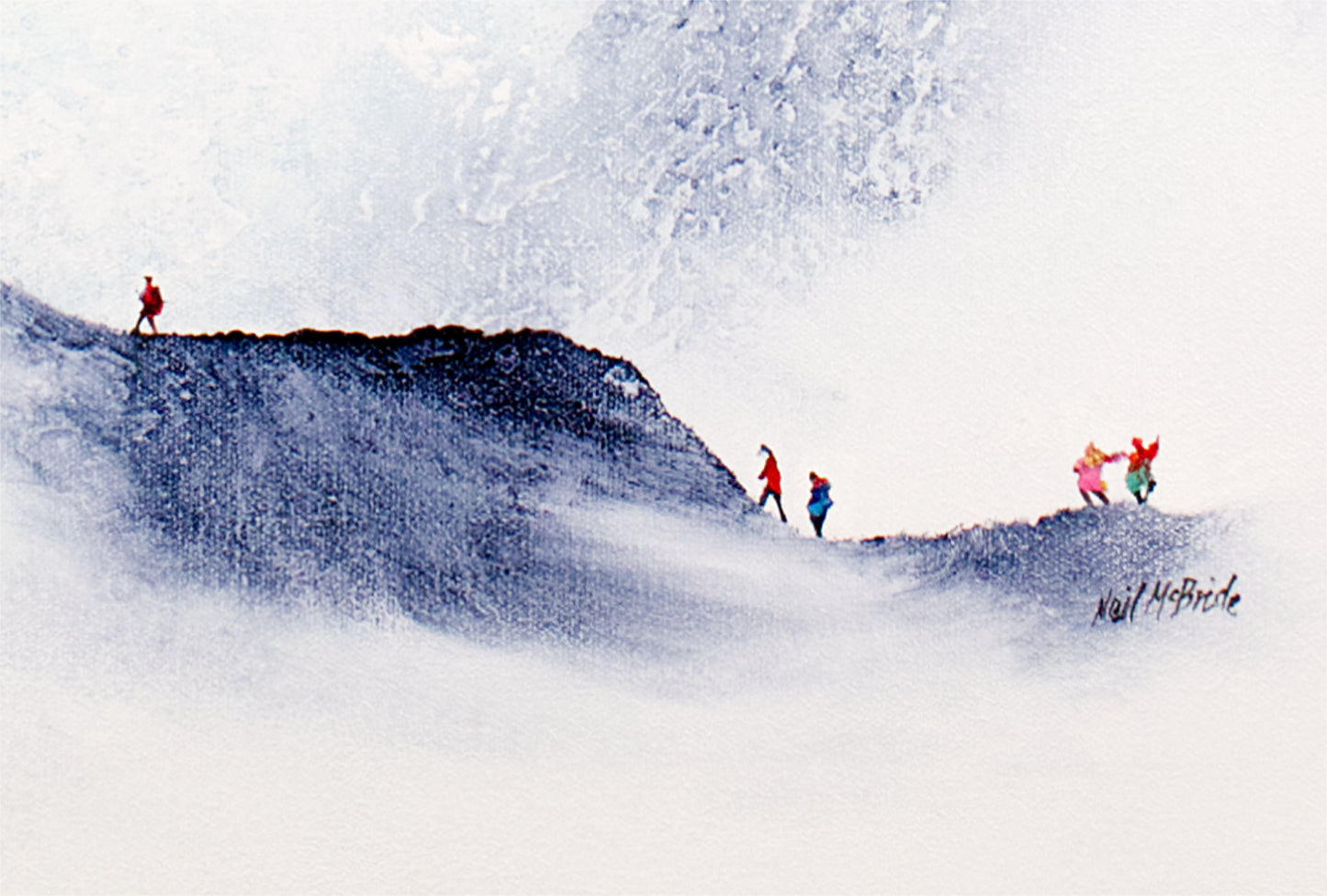 People hiking on a snowy mountain with a large waterfall in the background or is it a mist covered mountain in the background.? The choice is yours. This is the joy of looking at this landscape painting by artist Neil McBride