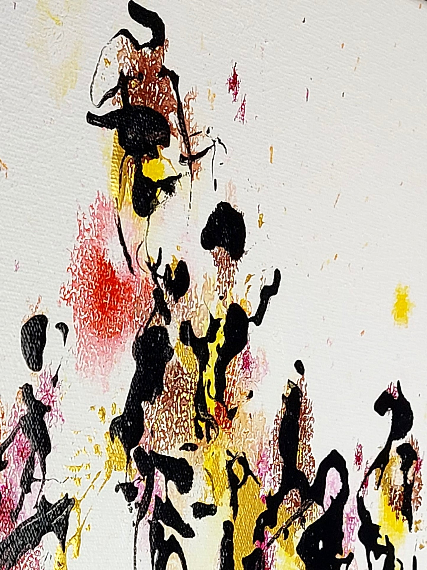 Abstract art with black silhouettes with touches of gold and red on a textured white background. A close look at hedonistic ance.