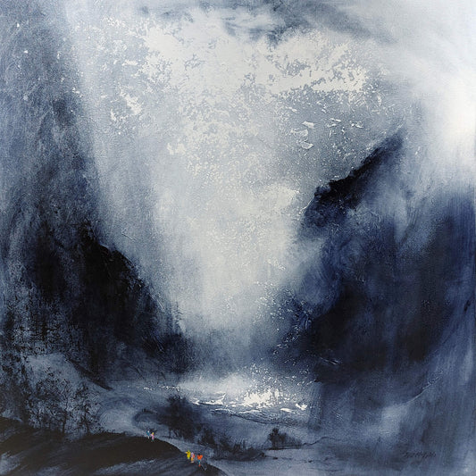 Landscape painting with dark and light grey tones populated with a colourful group of hikers in walking gear.