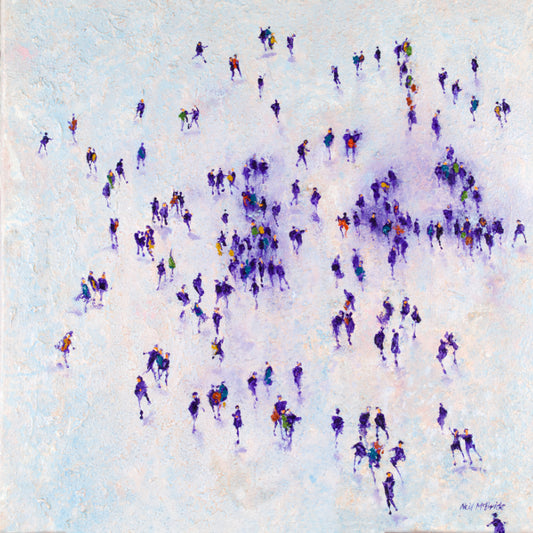 "Search" is a painting of Rich, dark purples and contrasting lilacs create depth as figures emerge from a subtle coloured lilac and blue background which is deeply textured .