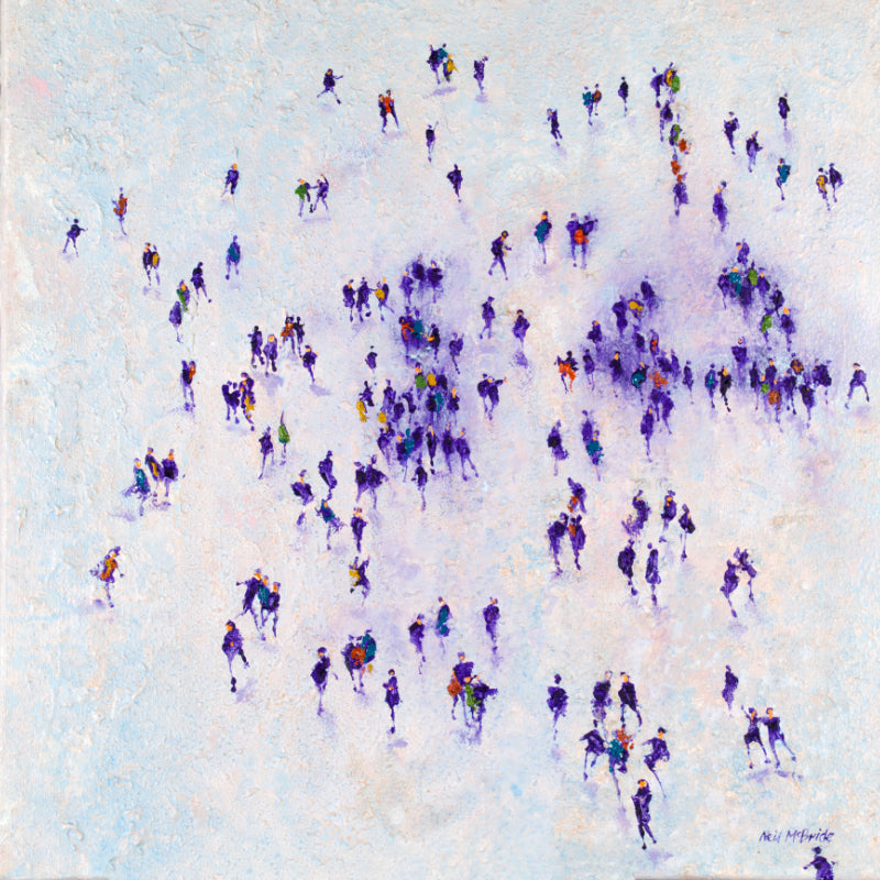 "Search" is a painting of Rich, dark purples and contrasting lilacs create depth as figures emerge from a subtle coloured lilac and blue background which is deeply textured .