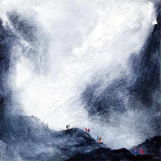 Walking Buddies is an Artistic depiction of colourfully dressed people on a grey mountain with a large waterfall in the background.