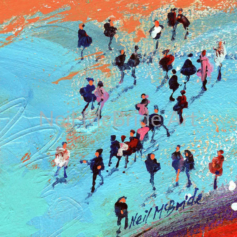 A colourful picture of a crowd of people in a Low tide landscape. Art prints on paper posters by © Neil McBride 2025
