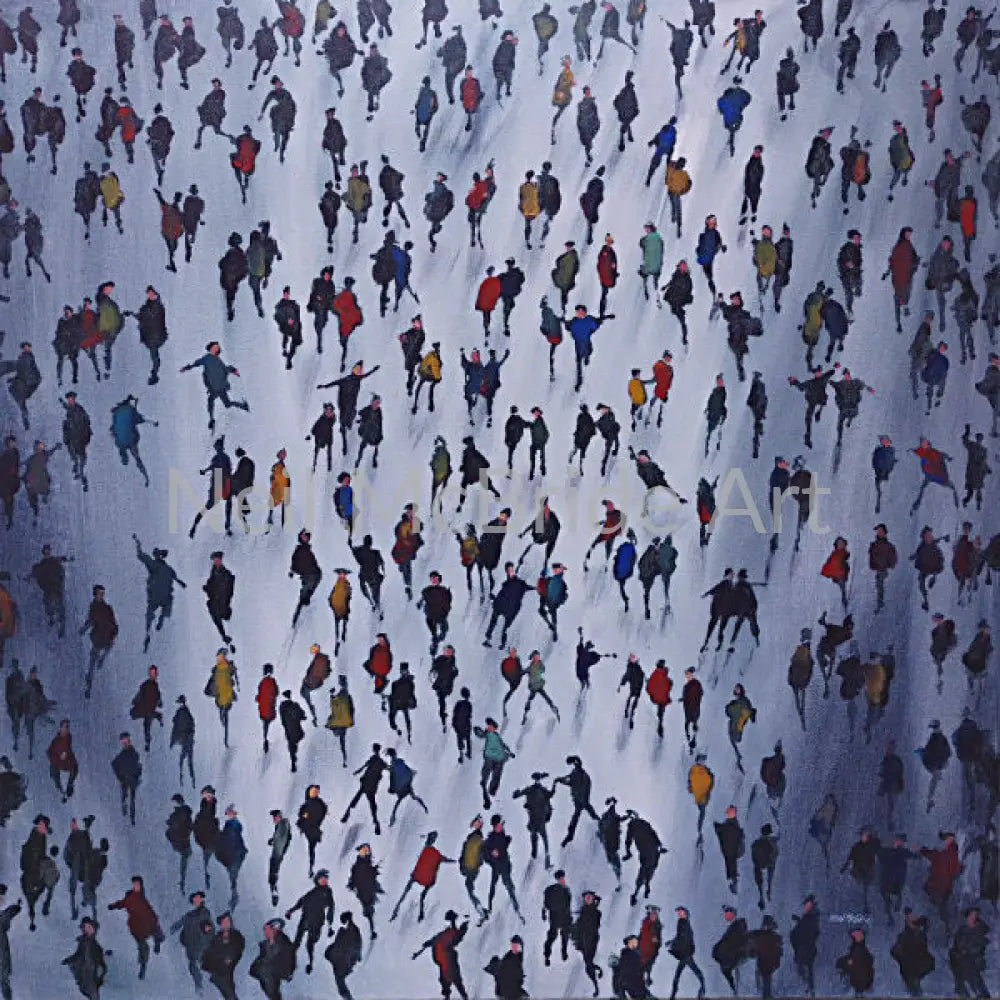 Original painting on canvas featuring a group of people in colour with dramatic light and shadows cast on a white ground. © Neil McBride 2024