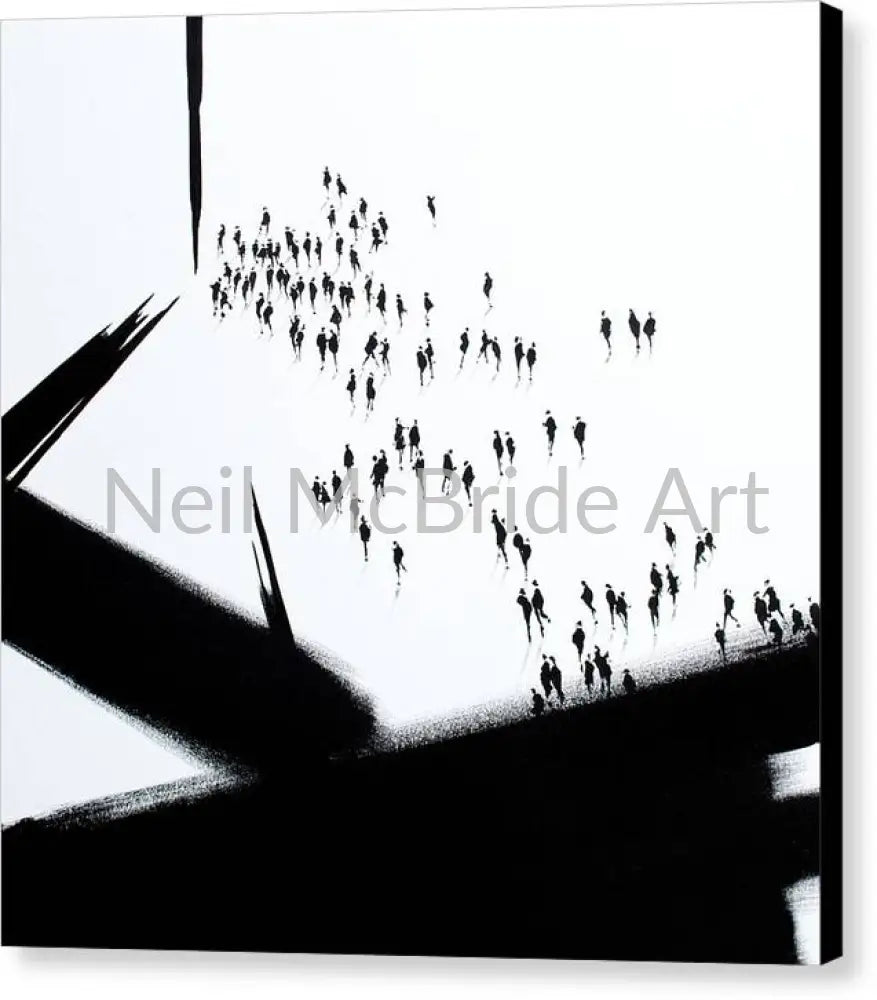 A black edged canvas print with expressive architectonic black imagery juxtaposed with figurative crowd of people. All black on white.