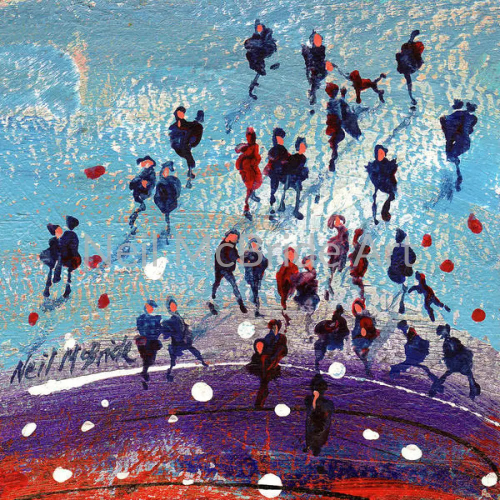A view from the promenade showing a crowd of people wrapped up against the winter weather in this purple and blue beach scene. Paper art prints for framing © Neil McBride 2025