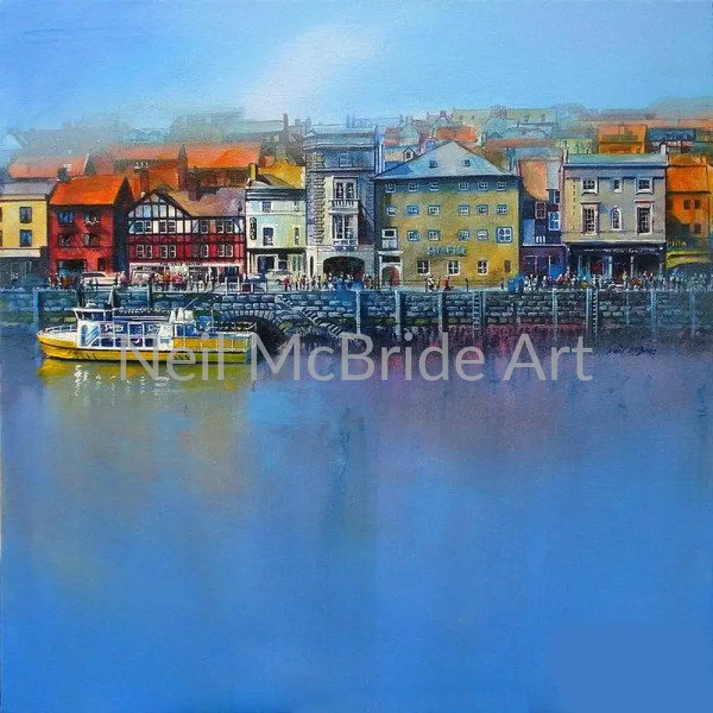 Still blue waters lap the walls of Whitby St Anne's Staith in this Art Print on acid-free paper by © Neil McBride 2023