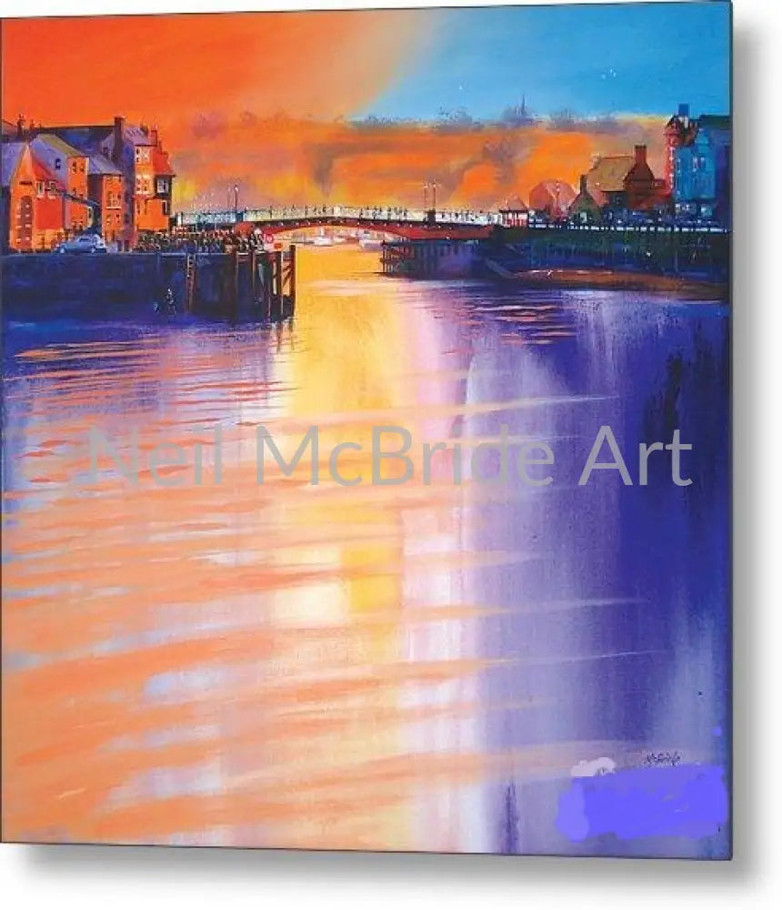 Whitby Swing Bridge artwork in contrasting colours of orange, blue, purple and yellow on a Metal Print © Neil McBride 2023