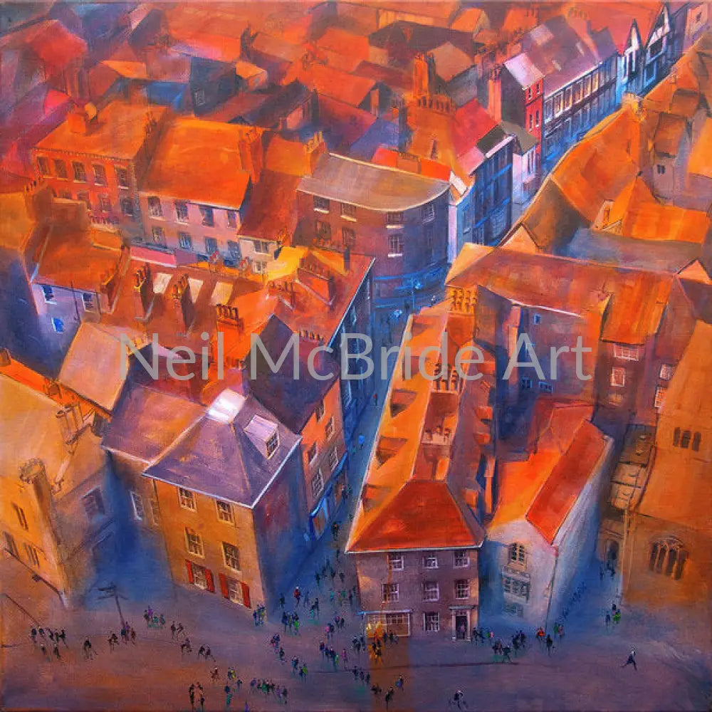 York Minster Yard and the terracotta rooftops of York viewed from the top of the minster's tower. - Captured on Art Prints on paper © Neil McBride 2023