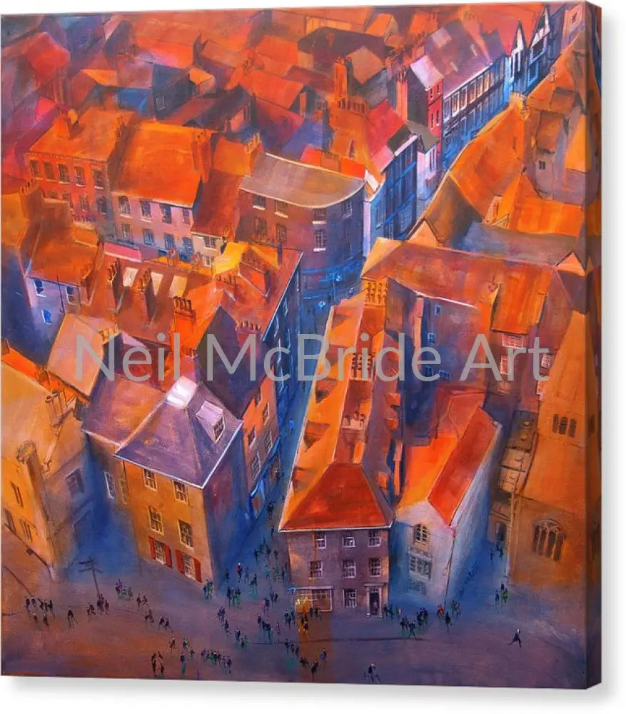 Yorkshire art like this dramatic artwork of the rooftops of York are available to buy on canvas from the studio of Neil McBride