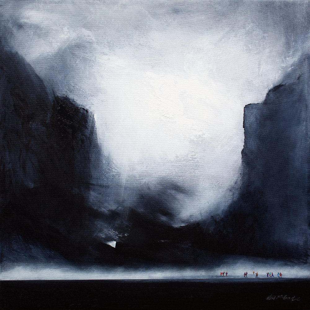 Big monochrome painting of a mountainous landscape and black lake with a tiny group of people in the bottom right corner on the lakeside. © Neil McBride 2023