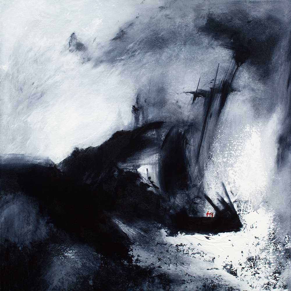 Spectacular semi abstract painting of a shipwreck in a dark spume filled sea. © Neil McBride 2023