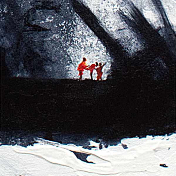 Detail of survivors of a shipwreck perched perilously on a black spit of land in the middle of a spume filled sea. © Neil McBride 2023