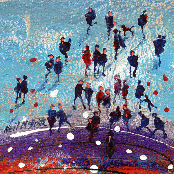 A view from the promenade showing a crowd of people wrapped up against the winter weather in this purple and blue beach scene. Paper art prints for framing © Neil McBride 2025