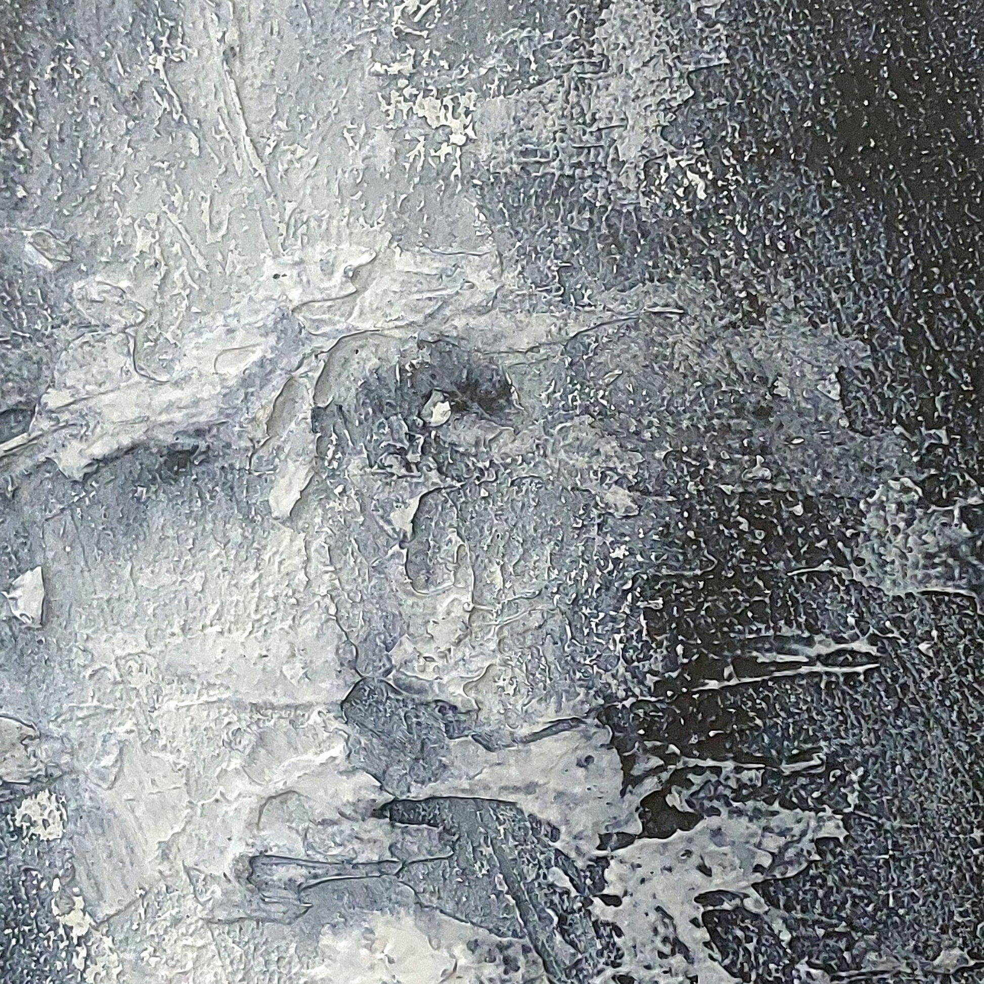 Abstract textured painting with thick impasto brushstrokes in white, grey, and charcoal black. The face of a King lives in the painting.