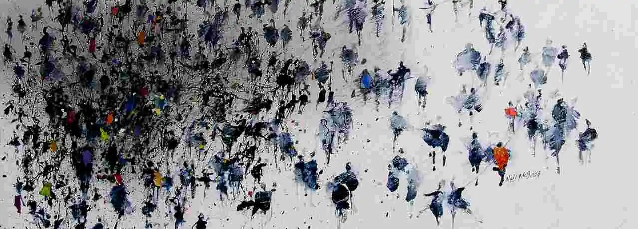 Free for All artwork featuring a crowd of people in disarray. From the studio of Neil McBride
