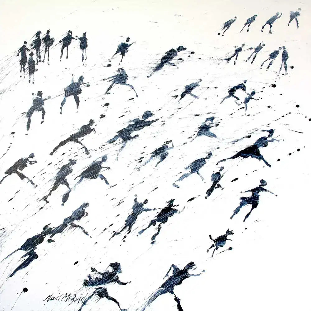 Run for Home original acrylic painting on canvas of running crowd of people © Neil McBride 2019