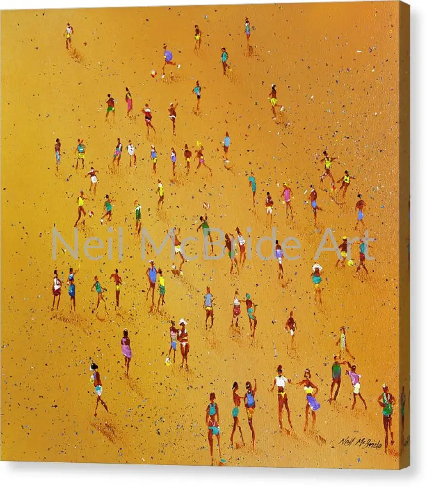 Seaside art on canvas, featuring a big crowd of people playing ball games in the sand. © Neil McBride 2022