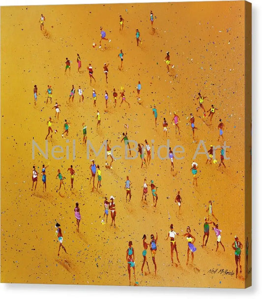 Seaside art on canvas, featuring a big crowd of people playing ball games in the sand. © Neil McBride 2022