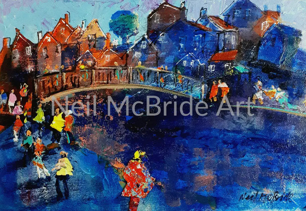 Original painting on board of a crowd of people in a fictitious fishing village called Beckside. The painting is unframed.  © Neil McBride 2023