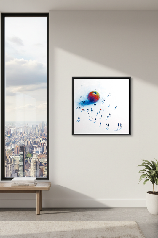 Framed artwork of a colorful abstract design on a wall with a cityscape view.