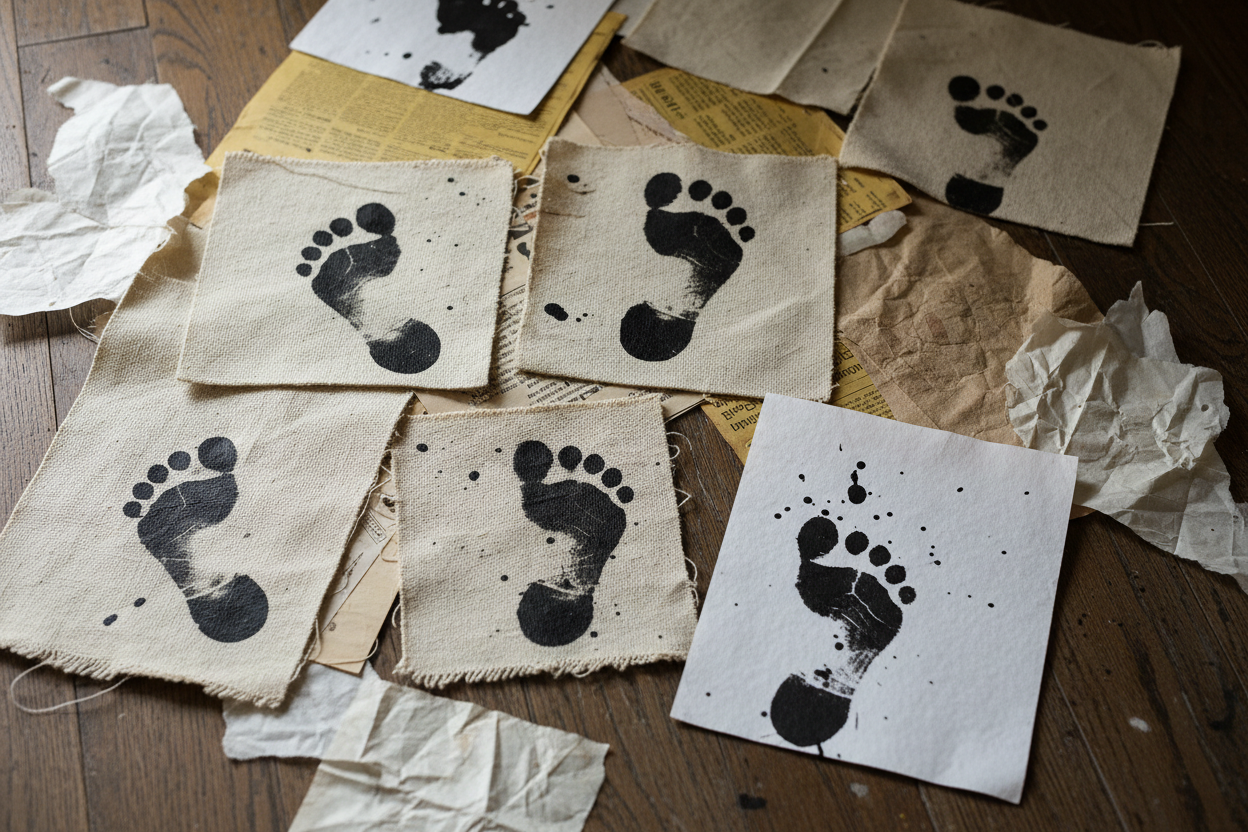 Black ink footprints on scraps of canvas and paper
