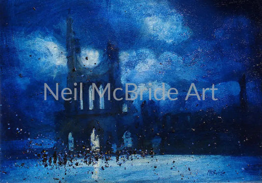 Byland Abbey is a dark blue artwork featuring the ruin of this epic abbey in the heart of North Yorkshire  © Neil McBride 2023
