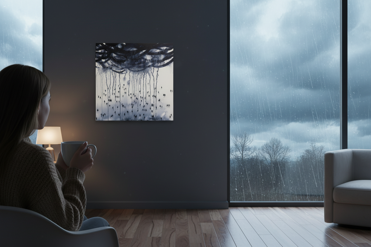 Cloud Burst weather themed painting on dark grey wall. A woman sits nearby, holding a drink while comparing the painting to the the real cloud burst outside the window.