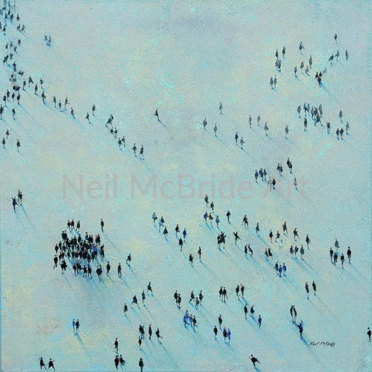 An art crowd of people having a 'conflab' on a subtly coloured background of predominant blue. © Neil McBride 2022