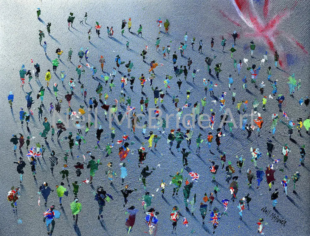 An action packed art print on paper depicting a crowd of people in a parade to mark the 50th Jubilee Celebrations for the late Queen Elizabeth  © Neil McBride 2023