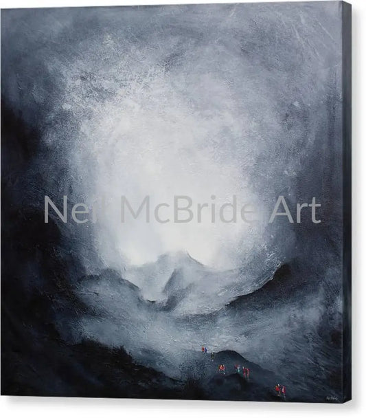 An epic canvas print featuring a group of walkers in a sublime mountainous landscape by Neil McBride