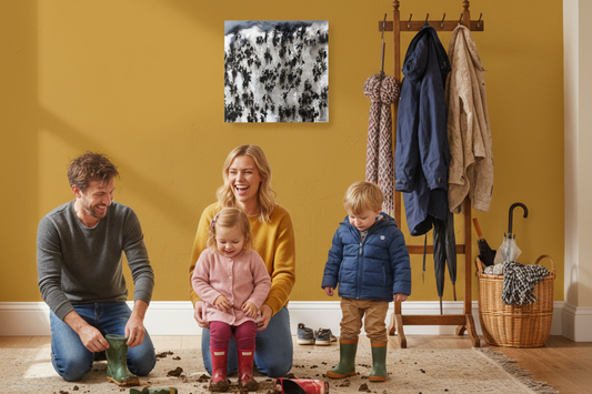 Black and white art on a egg yolk yellow wall. Artwork features a mass of people out walking.