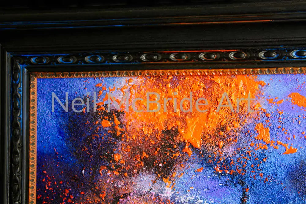 Detail of the hand tinted frame surrounding McBride's Flame Tree landscape painting
