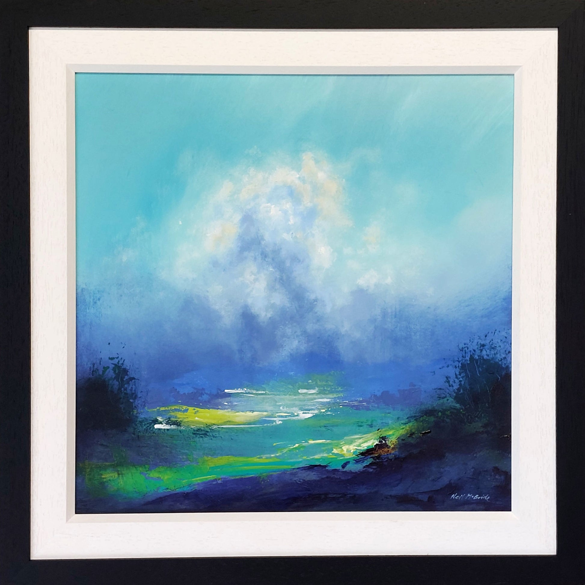 Framed painting of a UK landscape with a blue sky and green fields. After The Storm. For Sale. © Neil McBride 2026