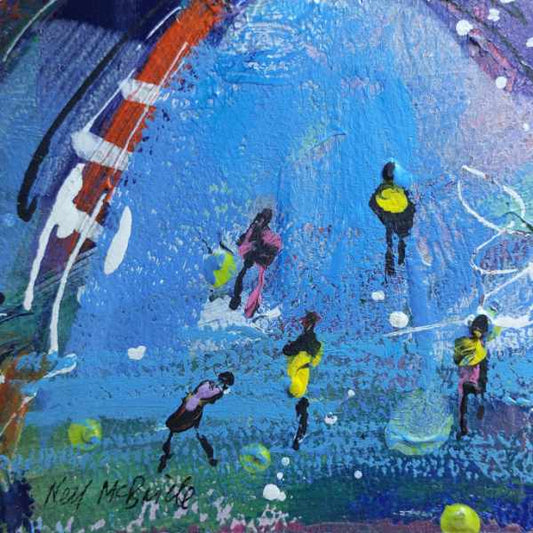 Miniature painting ten centimetres square featuring a blue beach with five people beach-combing on a beach paradise.