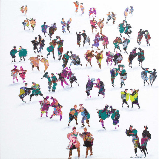 Colourful abstract crowd of people dancing on a white background © Neil McBride 2026