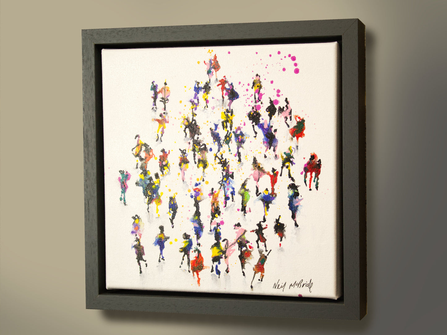 Colourful carnival full of colourful people on a bright white square to bring sunshine to a corner of your home.