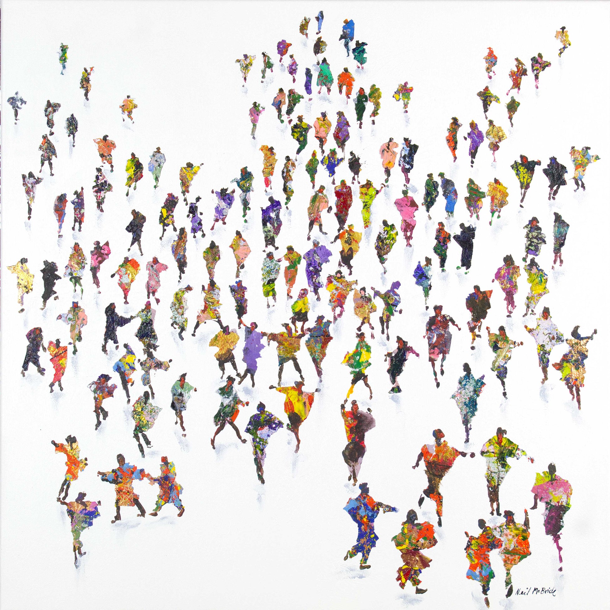 Artistic depiction of people in colorful traditional outfits arranged in a pattern on a white background