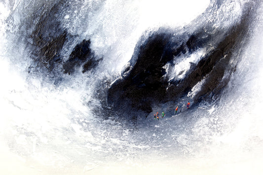 Detail of Echo Valley sublime landscape painting showing a close up of the tiny group of hikers  in colourful outdoor clothing.
